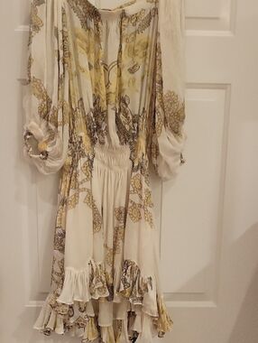 Roberto Cavalli Cream and Yellow Paisley Ruffle Midi Dress